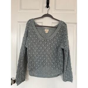 Artelier Nicole Miller Open Knit Crochet Sweater V-Neck Turquoise Green Size M